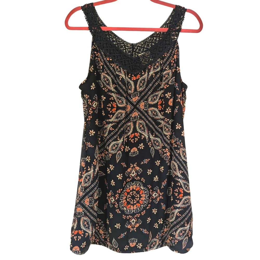 Knox Rose Navy Blue Paisley Crochet Lace Trim Boho Mini Dress XS Sleeveless